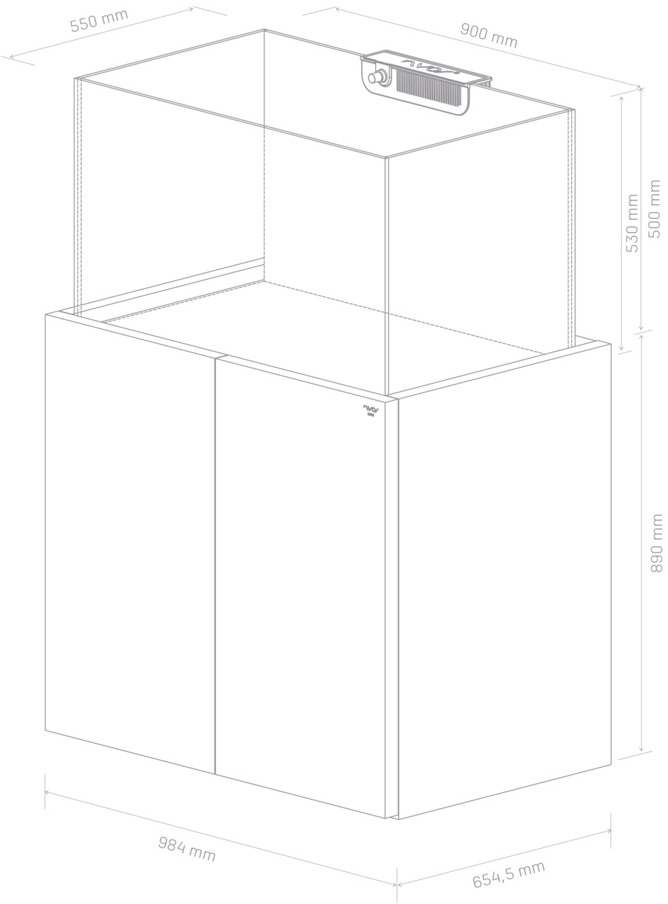 Nyos Opus 300 Aquariumset: Glasbecken (900x550x530 mm), Unterschrank (984x654,5x890 mm), für Meerwasser, mit integrierter Technik.