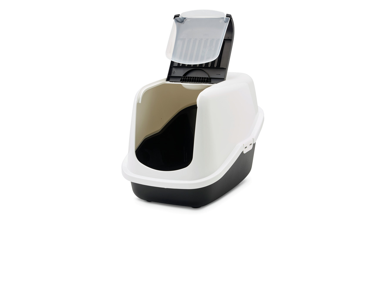 Katzentoilette SAVIC Nestor, für alle Katzenrassen, Schwarz-Weiß, Klapptür, abnehmbarer Deckel, ideal für Hygiene & Privatsphäre.