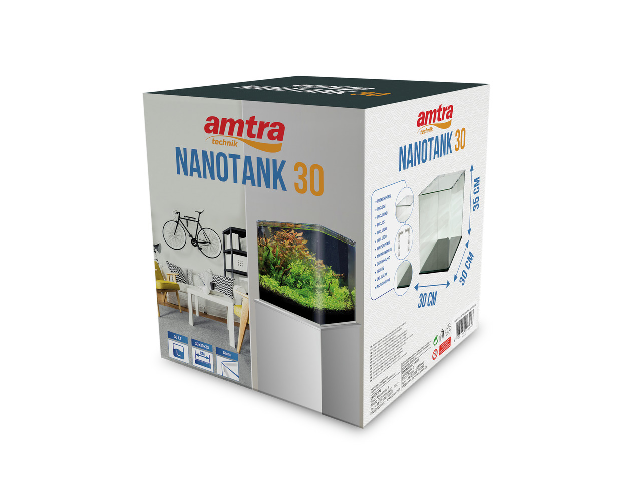 amtra Nanotank 30, Aquarium für kleine Fische & Garnelen, 30 L, 30x30x35 cm, klares Glas, ideal für moderne Wohnräume.