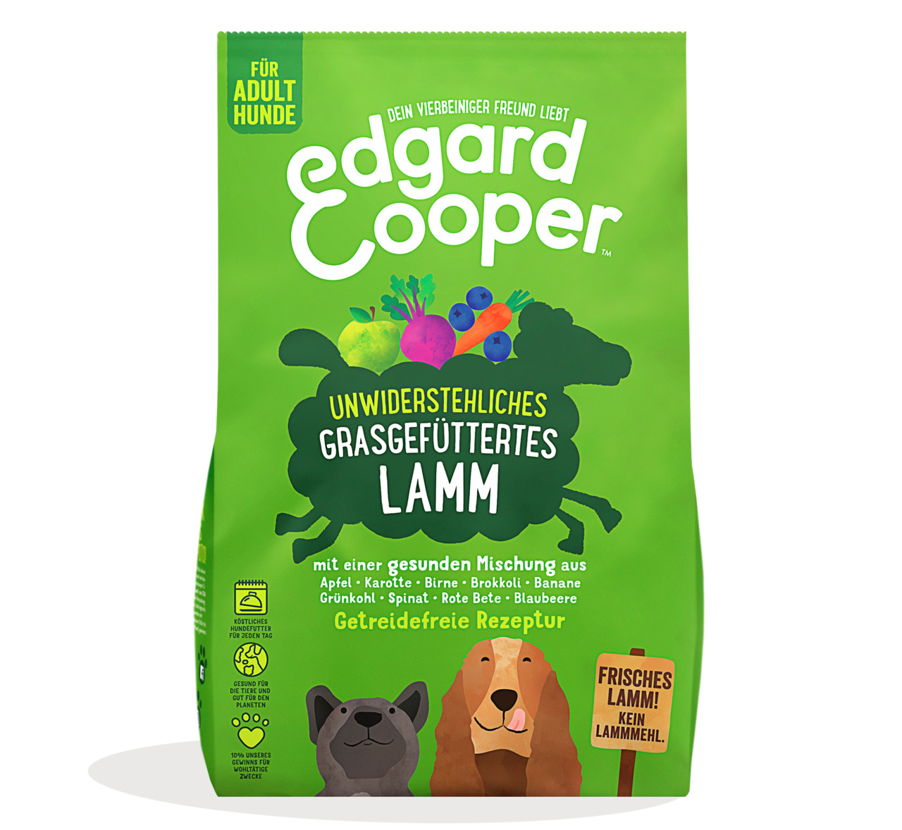 Edgard & Cooper Hundefutter, erw. Hunde, Lamm mit Obst/Gemüse, getreidefrei, „Frisches Lamm! Kein Lammmehl!“.