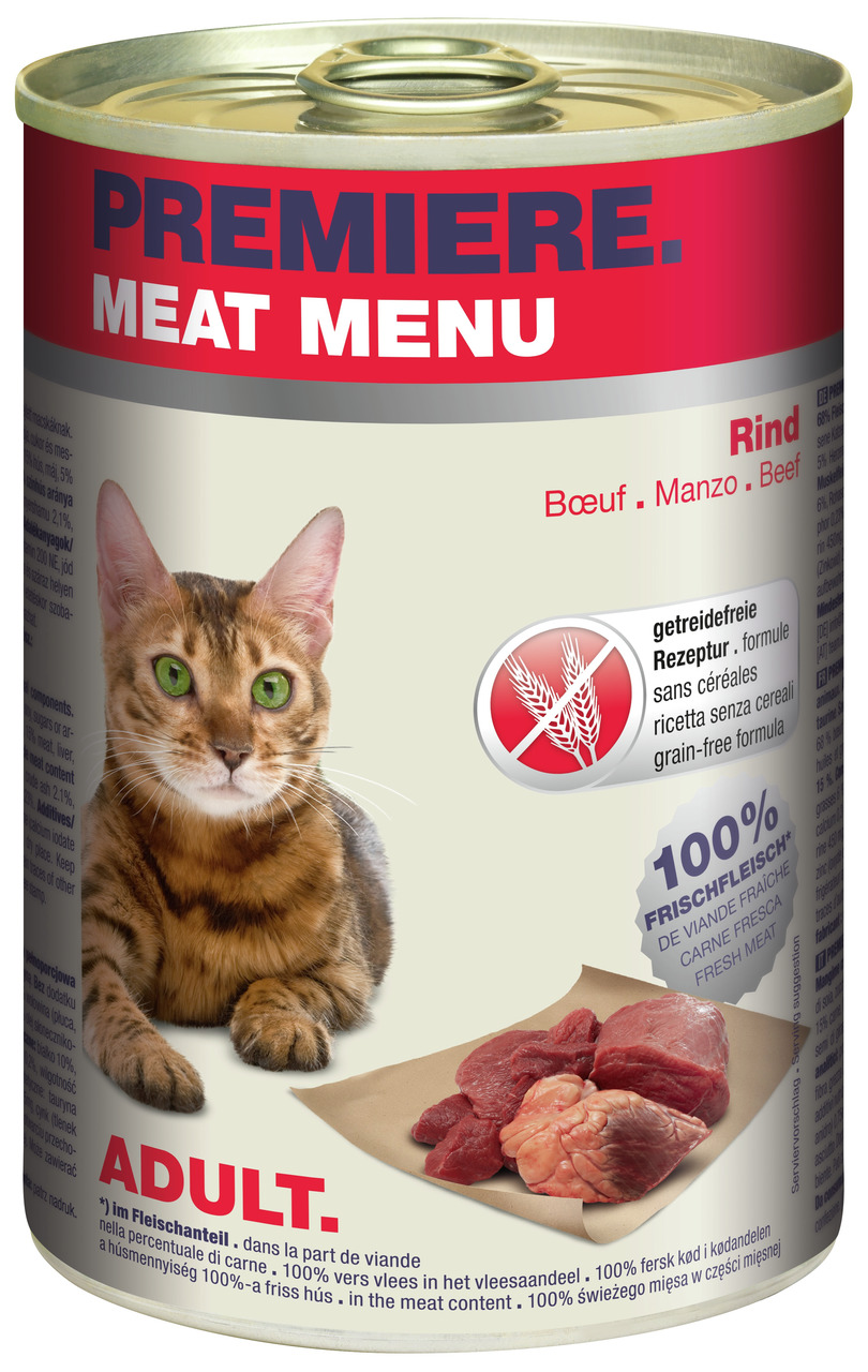 Das Bild zeigt eine Dose Katzenfutter der Marke PREMIERE mit dem Produktnamen "Meat Menu Rind". Es handelt sich um ein getreidefreies Nassfutter für ausgewachsene Katzen (Adult) mit der Geschmacksrichtung Rind. Die Dose enthält 400 g und wirbt mit 100 % F