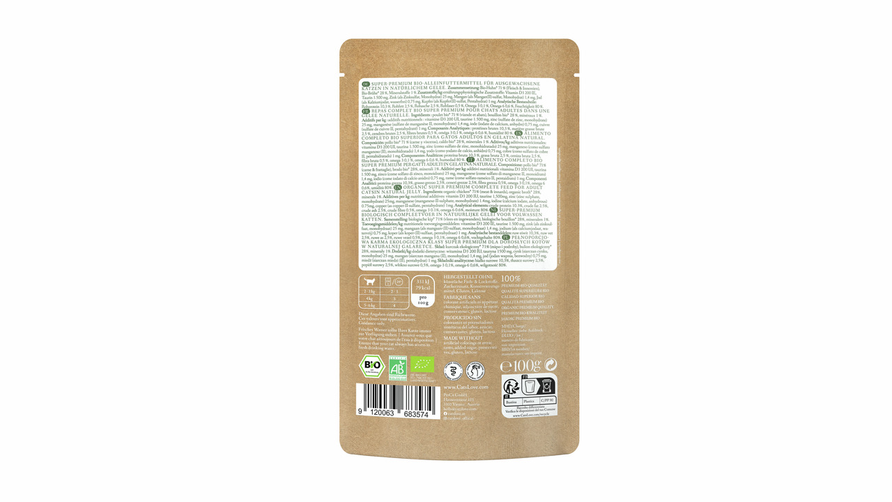 Rückseite einer braunen Verpackung des Produkts „Cat's Love Bio-Huhn“. Es handelt sich um ein Premium-Nassfutter für ausgewachsene Katzen. Die Geschmacksrichtung ist Huhn, und die Menge beträgt 100 g. Die Verpackung zeigt Bio-Siegel und Hinweise auf natür