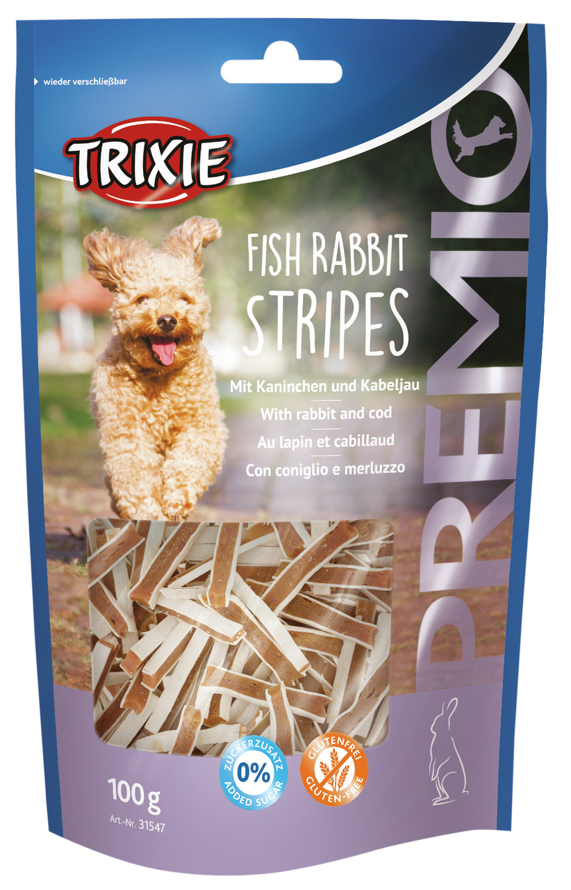 Sparpaket 2 x 100 g Trixie Premio Fish Rabbit Stripes mit Kaninchen und Kabeljau Hunde Snack