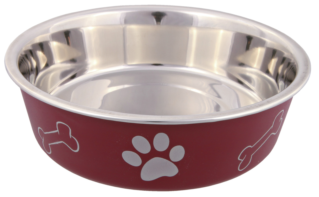TRIXIE Futternapf, Edelstahl, 0,45L, für Hunde, rot, mit Knochen--Pfotenmotiven, rutschfest, ideal für Futter-Wasser.