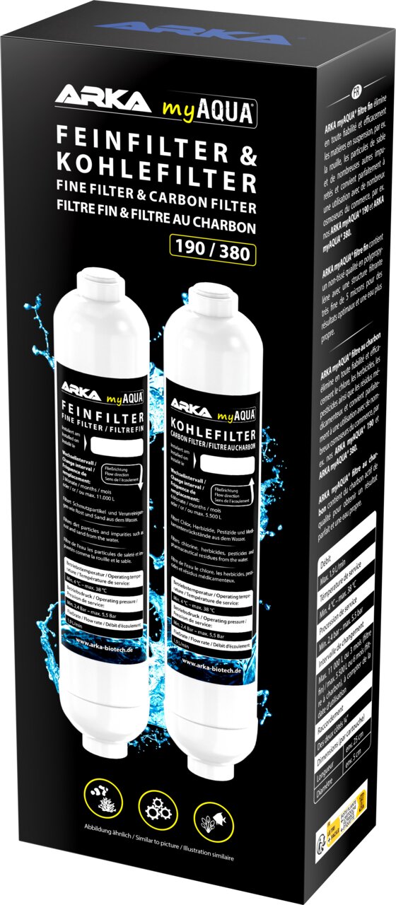 ARKA myAQUA Feinfilter & Kohlefilter 190-380, Wasserfilter-Set für Umkehrosmoseanlagen, 2 Ersatzfilter für Aquaristik