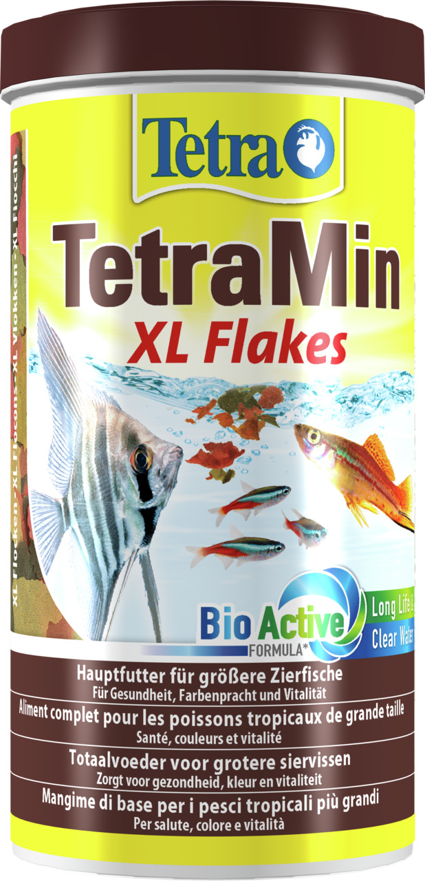 Tetra TetraMin XL Flakes, Hauptfutter für größere Zierfische, 1L, fördert Gesundheit, Farbenpracht, Vitalität, BioActive-Logo.