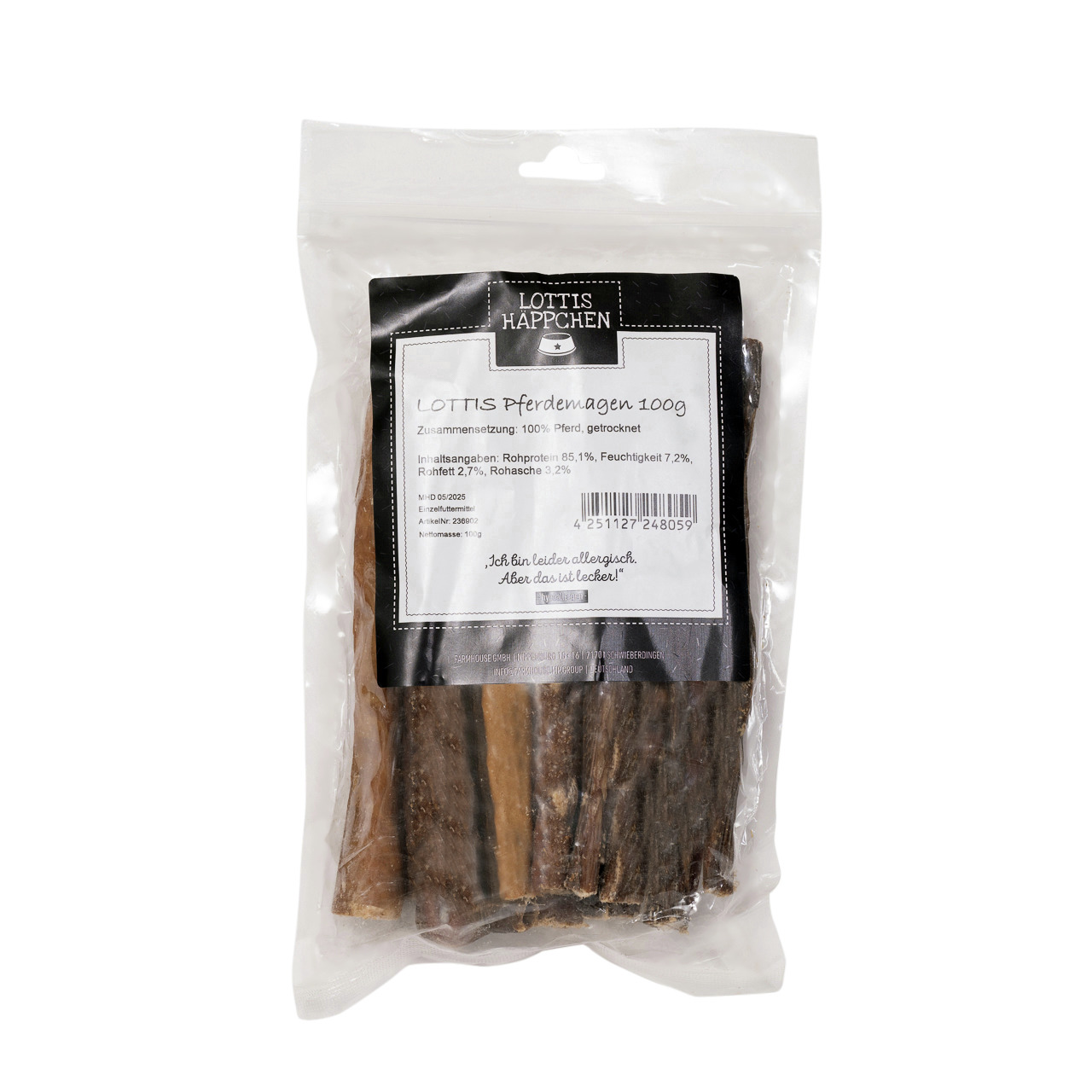 Lottis Häppchen Pferdemagen 100g für Hunde (allergisch). 100 % getrockneter Pferdemagen, hohe Qualität, Nährwerte & Haltbarkeit angegeben.