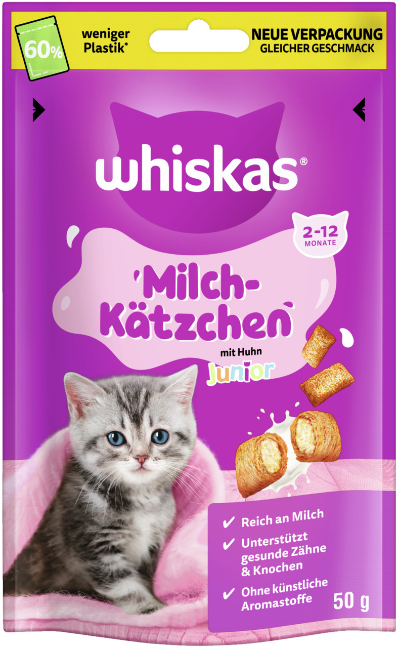 Whiskas Milch-Kätzchen Junior, Kätzchen 2-12 Mon., Huhn, 50 g, „Reich an Milch“, „Gesunde Zähne & Knochen“, „Ohne künstl. Aromastoffe“.