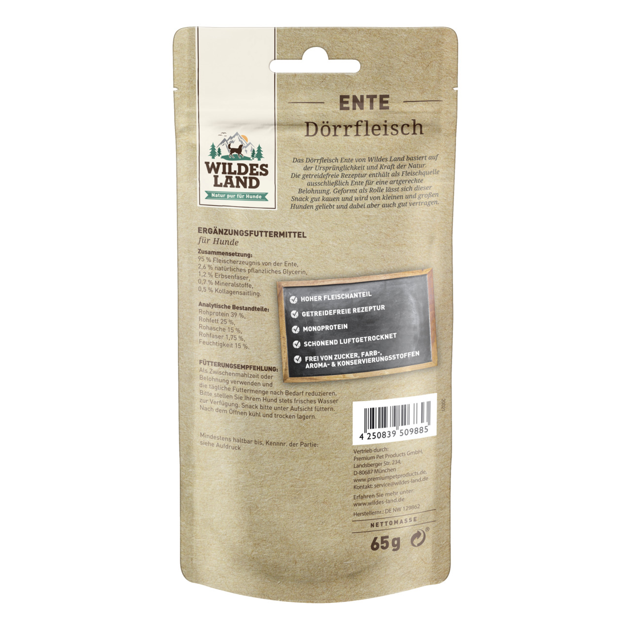 Das Bild zeigt eine braune Verpackung des Ergänzungsfuttermittels „Wildes Land Ente Dörrfleisch“ für Hunde. Die Marke „Wildes Land“ betont natürliche Zutaten und eine getreidefreie Rezeptur. Das Produkt enthält 65 g schonend luftgetrocknetes Monoprotein a
