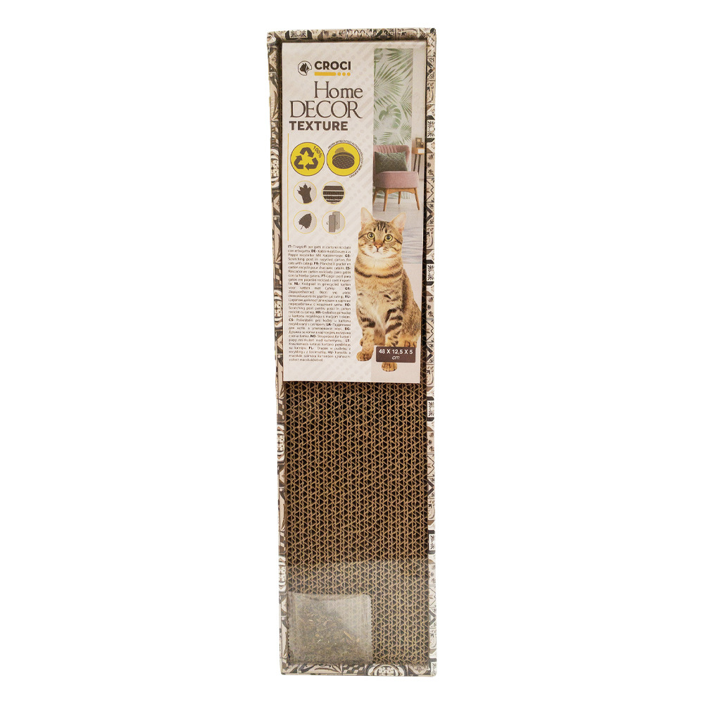 Das Bild zeigt das Produkt „CROCI Home Decor Texture“, eine Kratzmatte für Katzen. Zielgruppe sind Katzenhalter, die ihren Tieren eine nachhaltige und dekorative Kratzmöglichkeit bieten möchten. Die Matte besteht aus recyceltem Karton und misst 40 x 12 x 