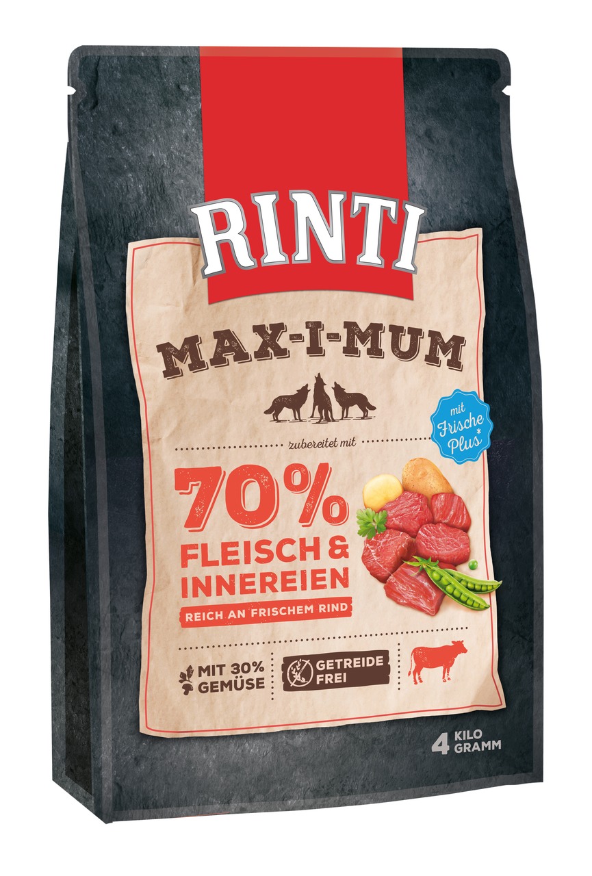 RINTI Max-i-mum Hundefutter, 4 kg, 70 % Fleisch & Innereien, frisches Rind, getreidefrei, 30 % Gemüse, hohe Frische & Qualität.