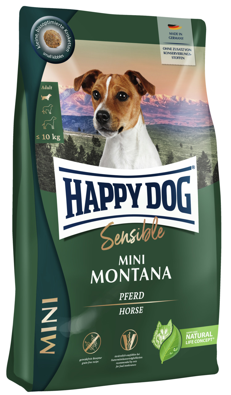 Happy Dog Sensible Mini Montana, Hundefutter für kleine Hunde bis 10 kg, Pferd, getreidefrei, für ernährungssensible Hunde, Menge sichtbar.