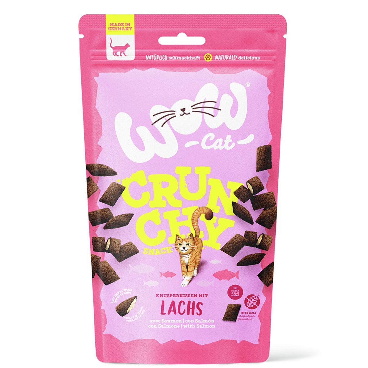 WOW CAT Crunchy Snacks für Katzen, Geschmacksrichtung Lachs, knusprige Kissen, 50 g, natürlich schmackhaft, Made in Germany.