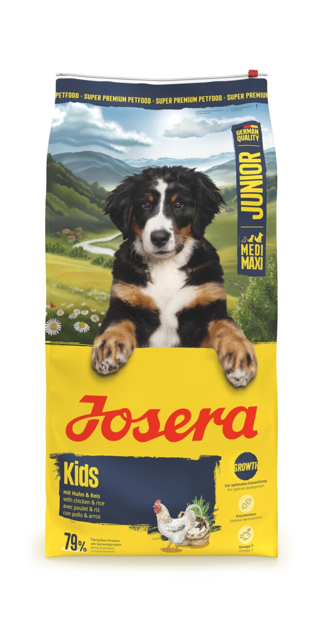 Josera Kids Junior Futter für junge Hunde. Geschmacksrichtung Huhn & Reis, 15 kg, unterstützt optimales Wachstum.