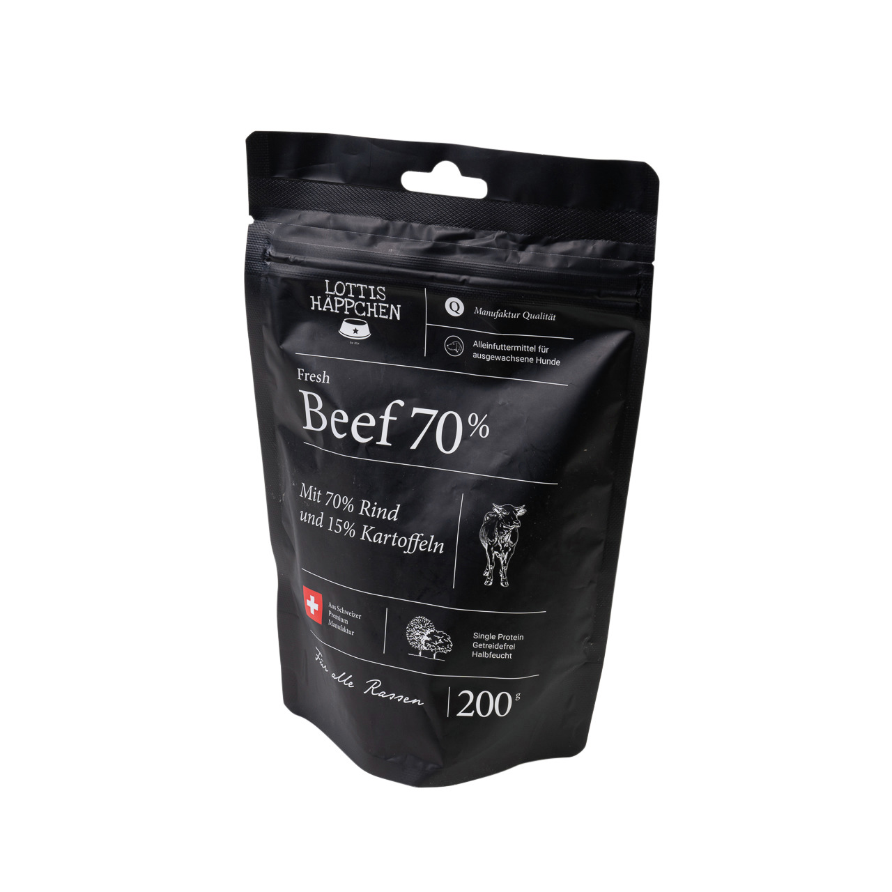 Lottis Häppchen Fresh Beef 70%, Alleinfutter f. erw. Hunde, 70% Rind, 15% Kartoffeln, getreidefrei, halbfeucht, 200 g.