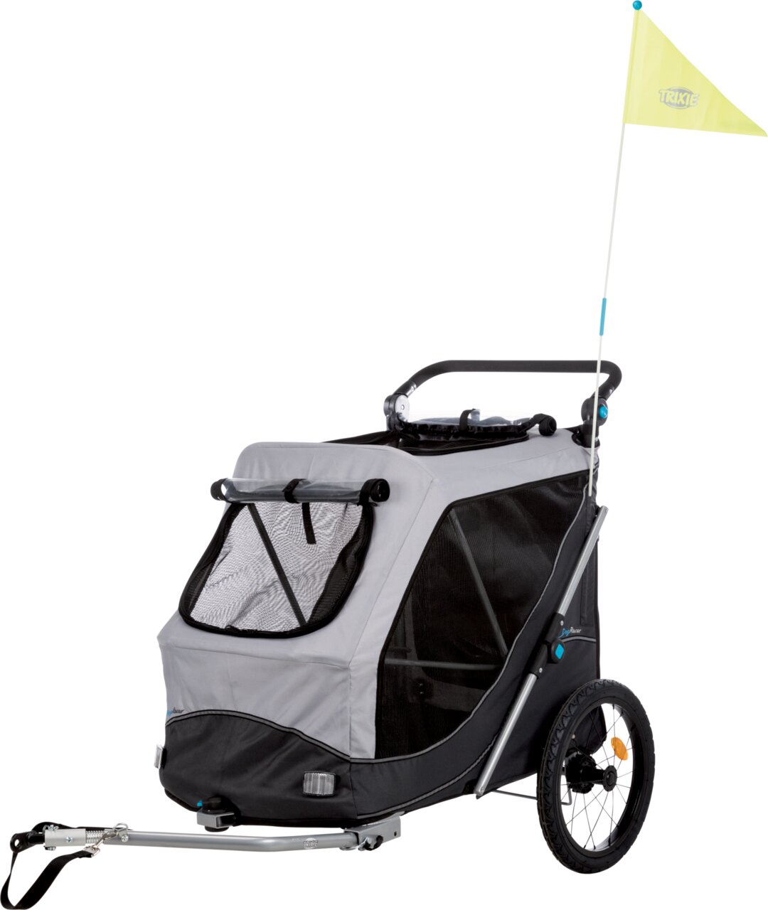 TRIXIE Hundeanhänger, Fahrradanhänger für Hunde, grau-schwarz, mit Netzfenstern, Sicherheitsfahne, robusten Rädern, für sicheren Transport.