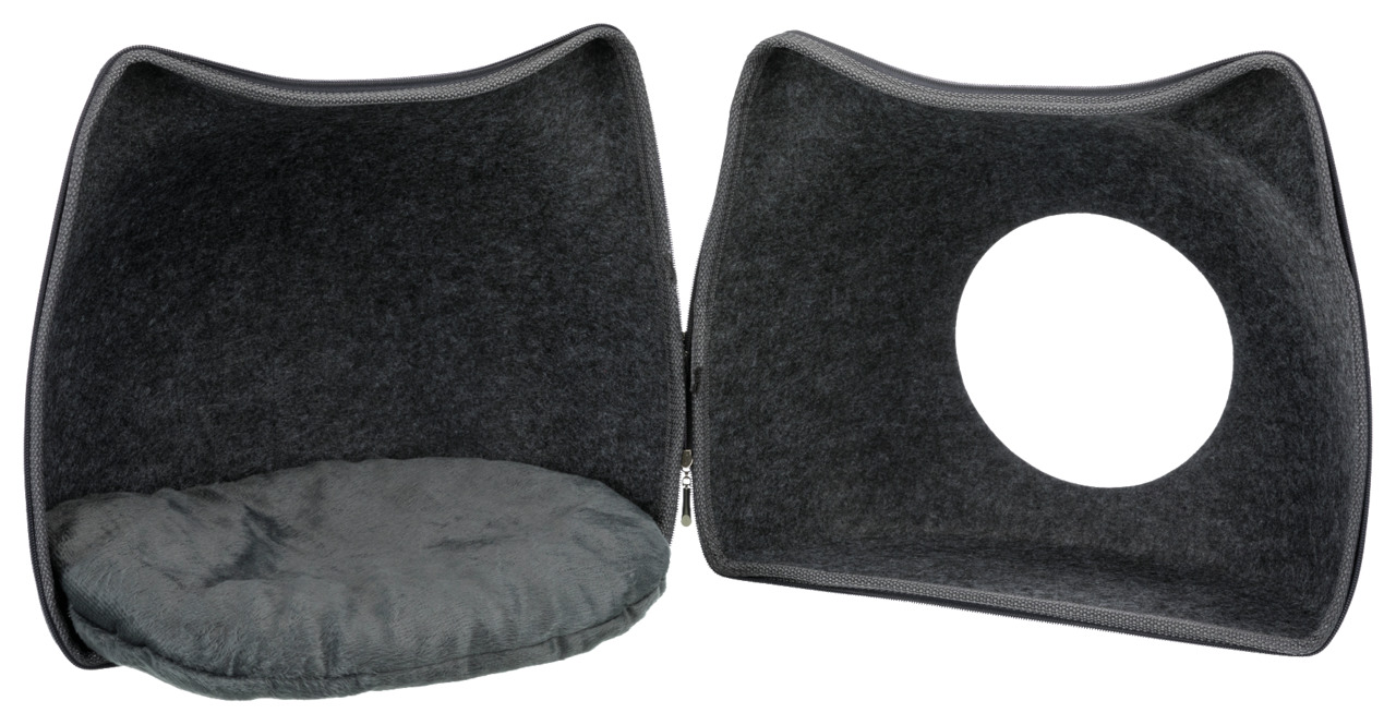 TRIXIE Kuschelhäuschen für Katzen, dunkelgrauer Filz, weiches Kissen, runde Öffnung, gemütl. Rückzugsort, Maße auf Produkt sichtbar.