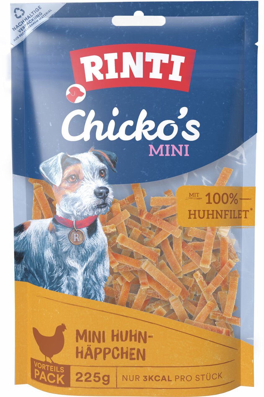 RINTI Chicko's Mini Huhn-Häppchen, 225g, für Hunde, 100% Huhnfilet, nur 3 kcal-Stück, Vorteils-Pack.