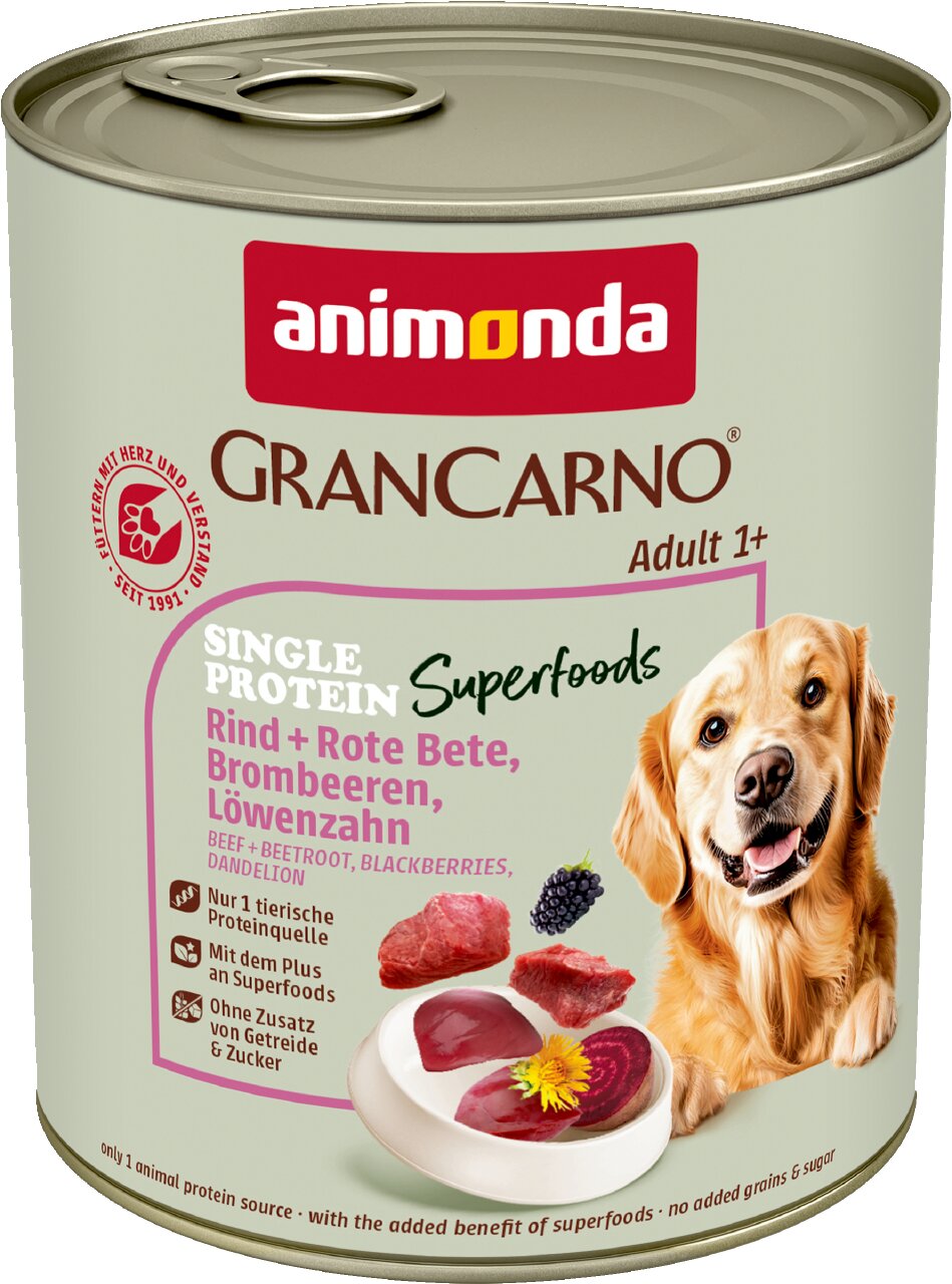 animonda GranCarno Adult 1+ Hundefutter für erwachsene Hunde, Rind mit Rote Bete, Brombeeren, Löwenzahn, Single Protein Superfoods, 800 g