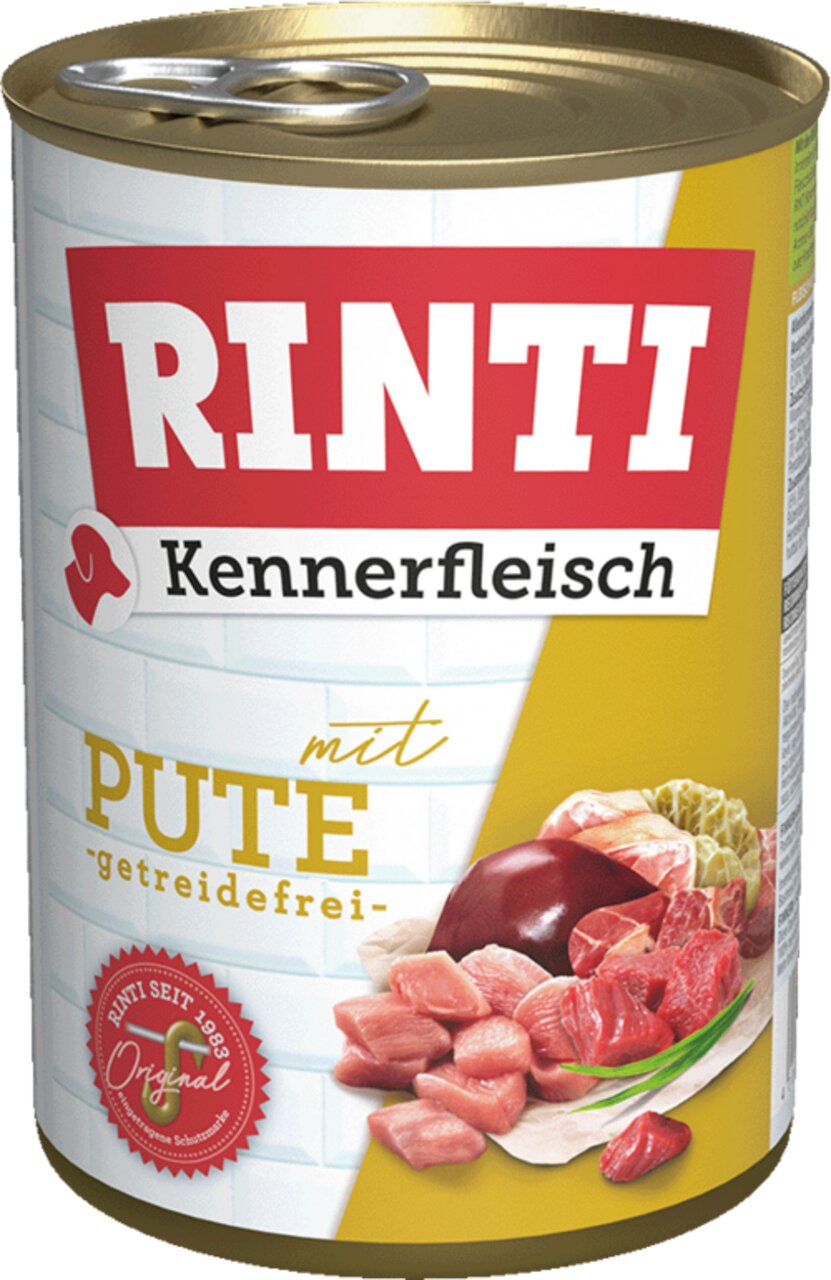 RINTI Kennerfleisch mit Pute, getreidefrei, für Hunde, Original-Rezeptur seit 1983, 800 g Dose für ausgewogene Ernährung.