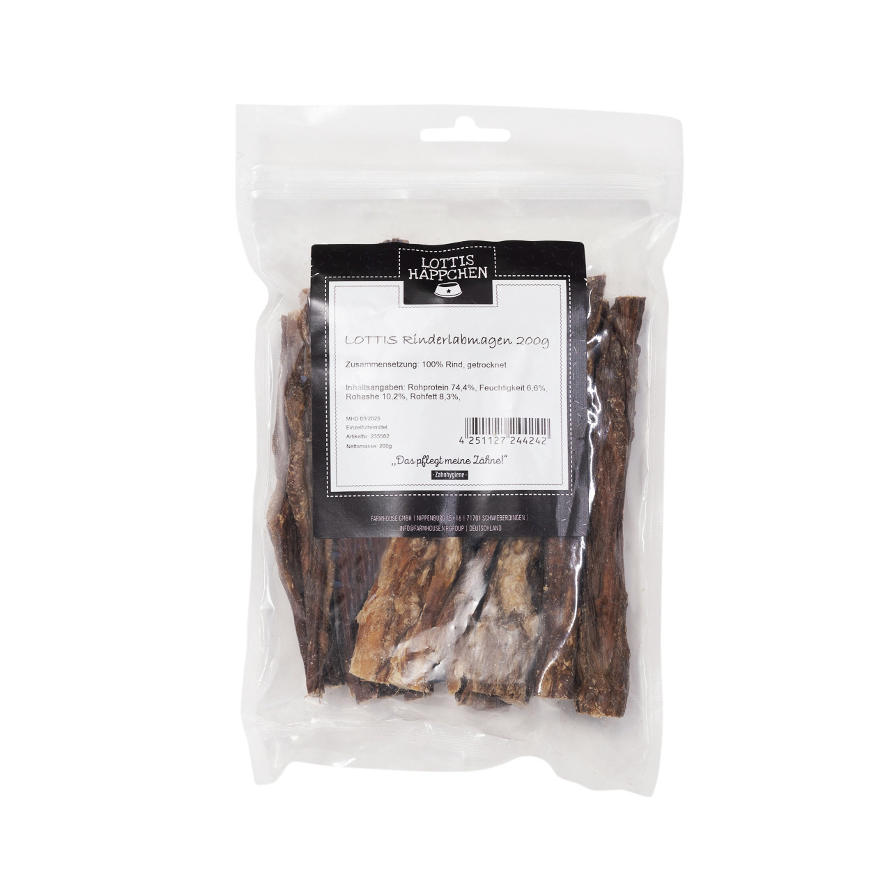 Lottis Häppchen Rinderlabmagen, 200 g: Natürl. Kausnack f. Hunde, 100 % getr. Rind, Rohprotein 74,4 %, Feuchtigkeit 6 %.