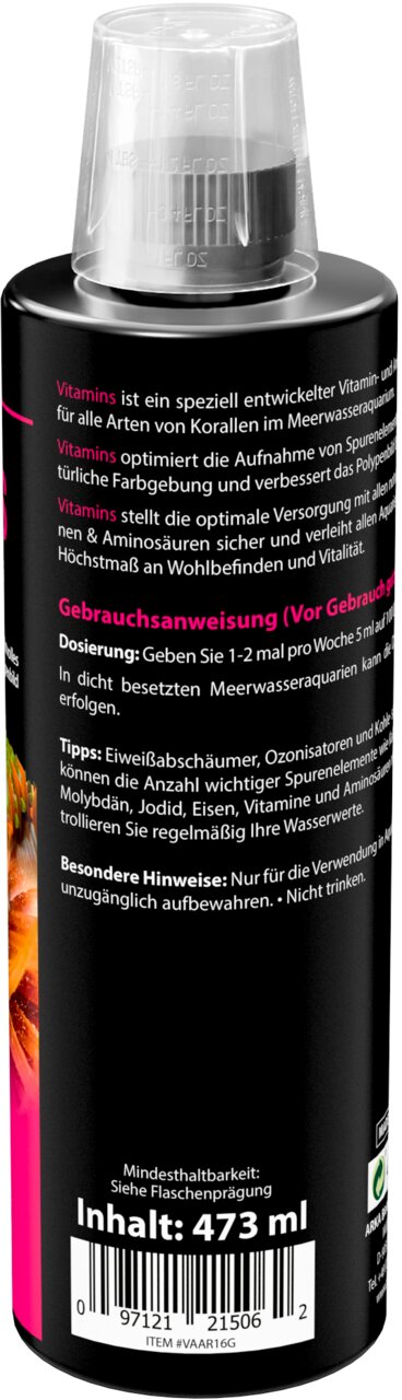 ARKA Vitamins Korallenvitamine für Meerwasseraquarien, für Korallen, unterstützt Aufnahme und Farbgebung, Inhalt 473 ml