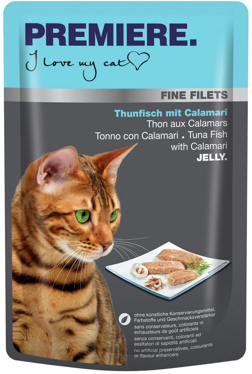 PREMIERE Fine Filets Thunfisch+Calamari in Jelly, für Katzen, ohne künstl. Konservierungs-, Farb- u. Geschmacksstoffe.