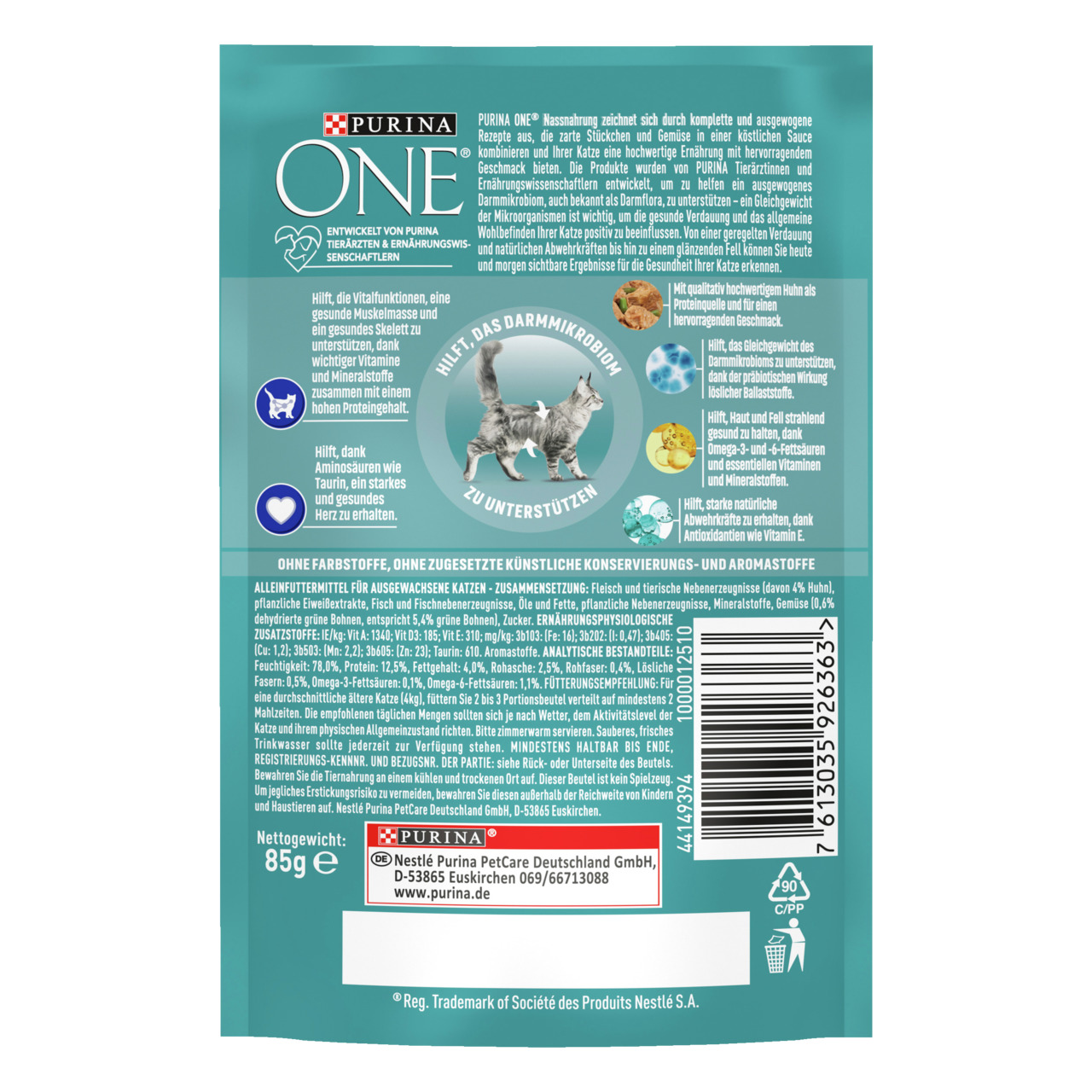 Purina ONE Nassfutter f. Katzen, 85 g, Fleisch & tier. Nebenerz., f. ausgew. Katzen, unterstützt Darmmikrobiom.