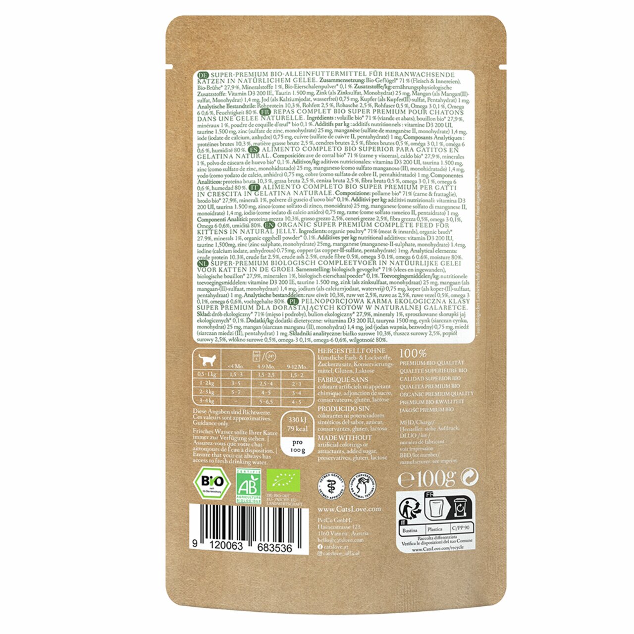 Bio-Katzenfutter Cat's Love für Kätzchen, Huhn in Gelee, 100g, ohne Zusatzstoffe, schonend verarbeitet, zertifiziert bio.