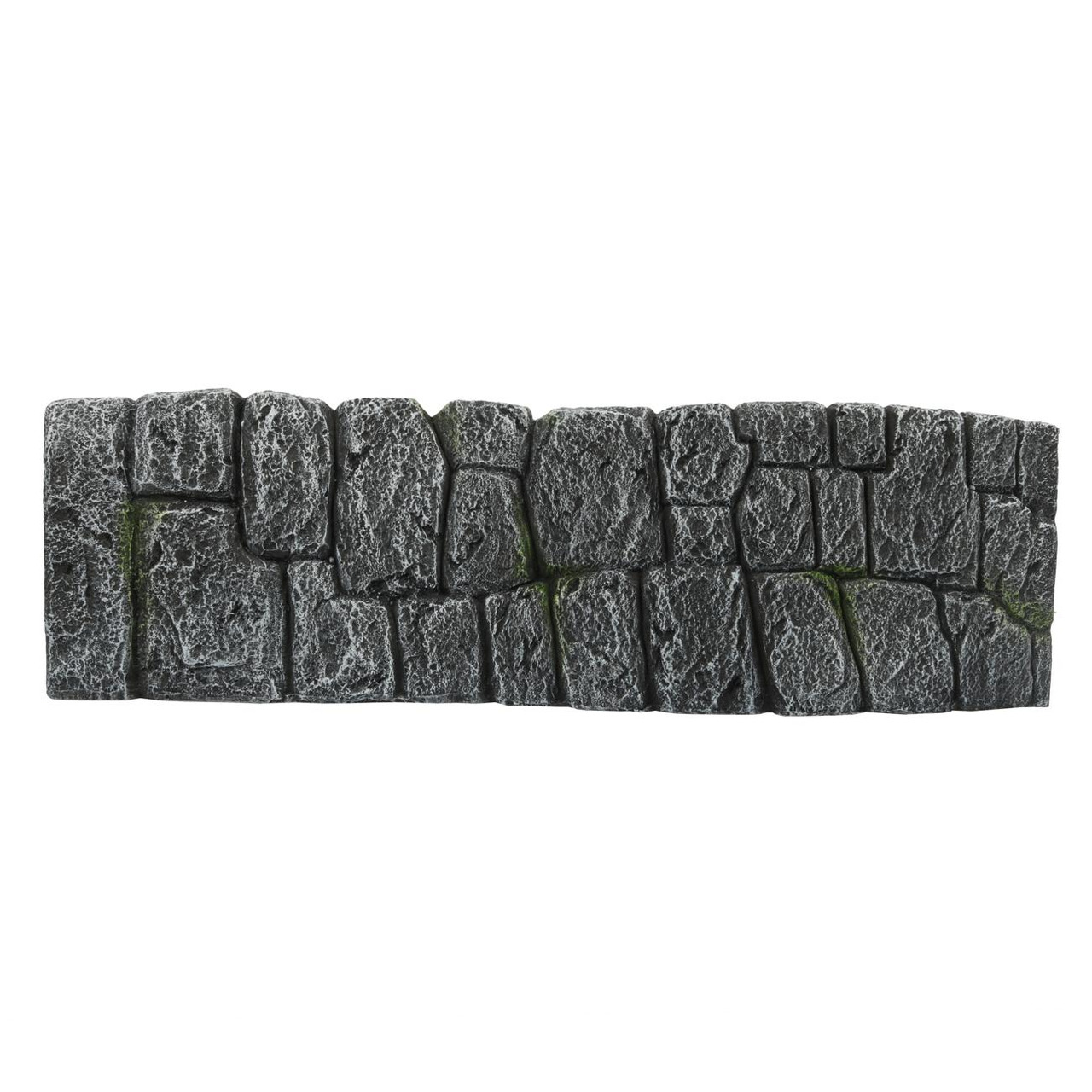 Dekoratives Aquarium-Element der Marke AQUA DELLA, Modell "Rock Wall". Geeignet für Aquarienliebhaber, die eine natürliche Felsoptik schaffen möchten. Die graue Steinmauer mit realistischen Details und grünen Moosakzenten verleiht dem Aquarium ein authent