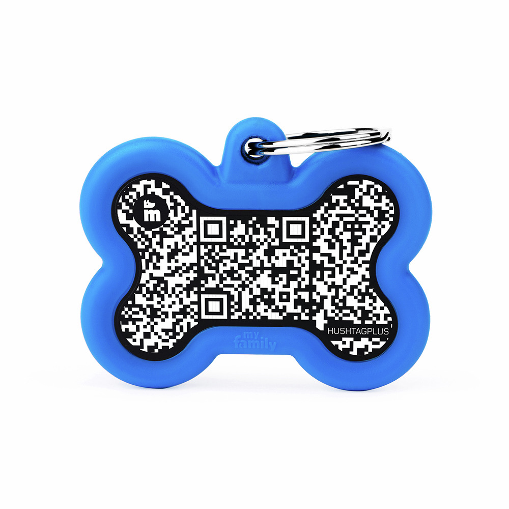 Das Bild zeigt einen blauen, knochenförmigen Anhänger der Marke "My Family" mit einem QR-Code in der Mitte. Der Anhänger ist für Haustiere wie Hunde oder Katzen gedacht und dient zur Identifikation. Der QR-Code ermöglicht den Zugriff auf wichtige Informat