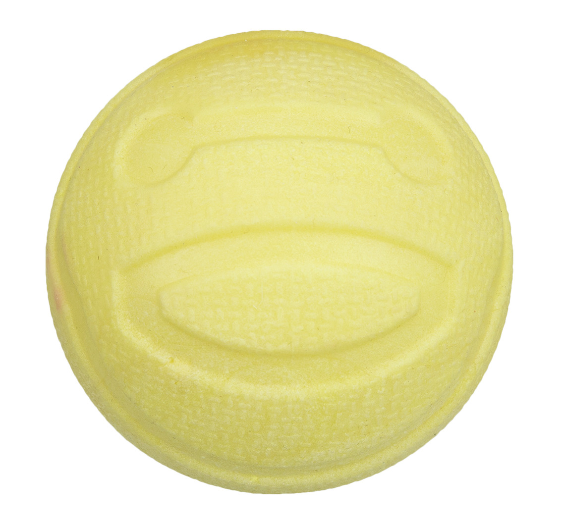 Gelber TRIXIE Hundespielball aus robustem Gummi mit strukturierter Oberfläche und fröhlichem Gesichtsmotiv. Geeignet für Hunde aller Größen, fördert das Kauen und die Zahnpflege. Perfekt für interaktives Spielen und Apportieren. Durchmesser ca. 6 cm. EAN: