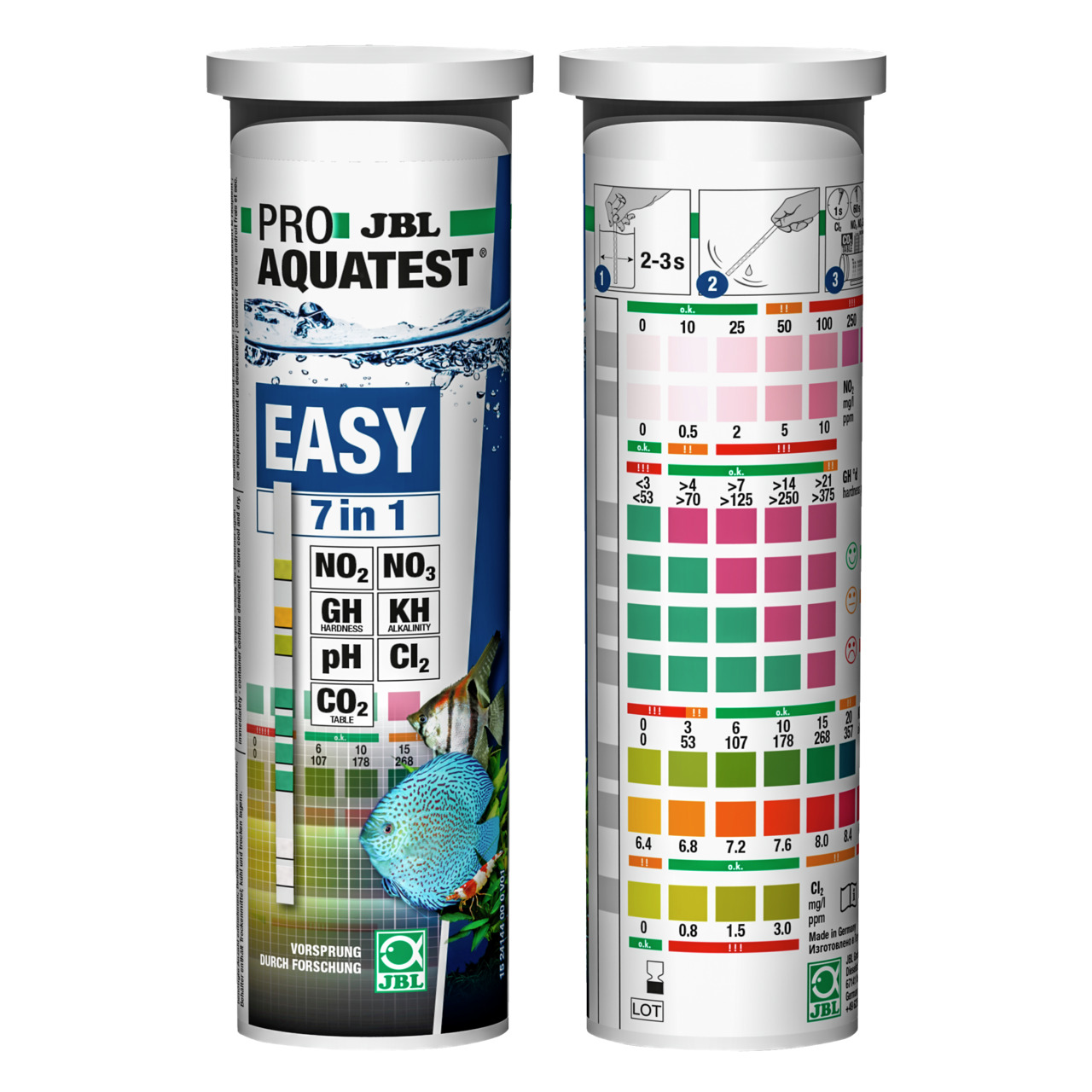 JBL ProAquaTest Easy 7in1, Wassertest-Set f. Aquarienbesitzer, misst NO2, NO3, GH, KH, pH, Cl2, CO2. 50 Teststreifen.
