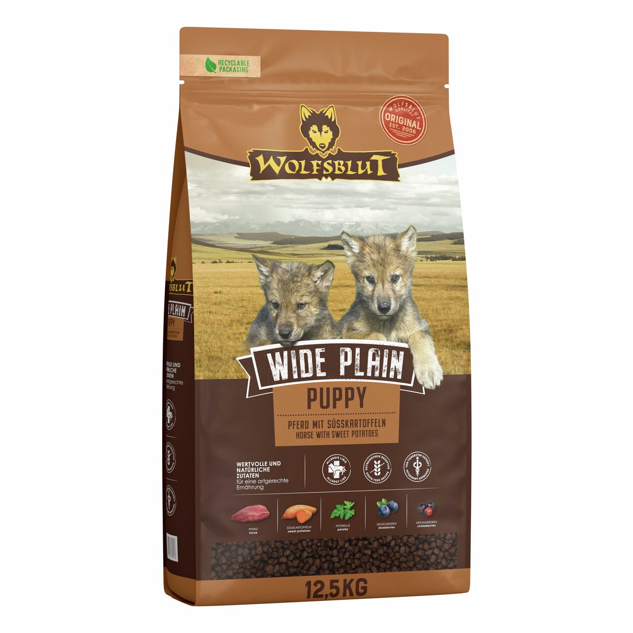 WOLFSBLUT Wide Plain Puppy Hundefutter, für Welpen, Pferd mit Süßkartoffeln, 12,5 kg, natürliche Zutaten, recyclebare Verpackung.