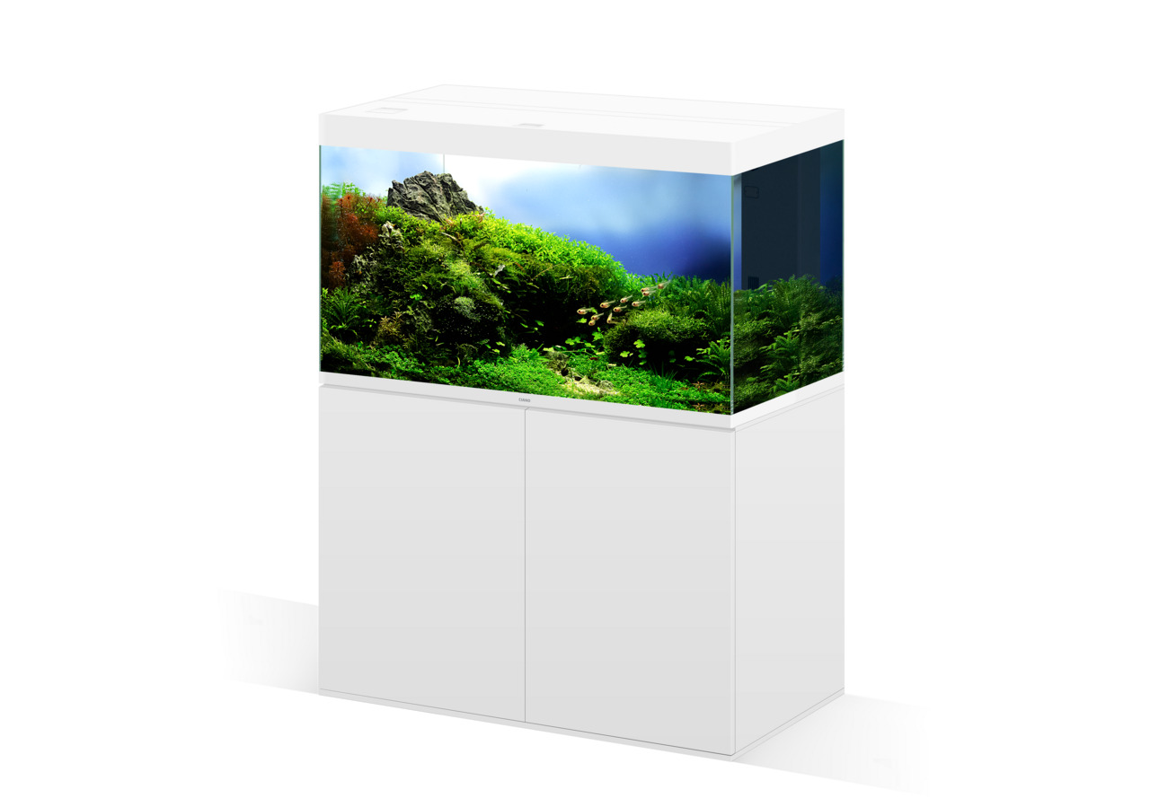 Ciano Aquarium Emotions Pro 120 Weiß, für Süßwasserfische, dekoriert mit Pflanzen & Steinen, modern, elegant, 120L.