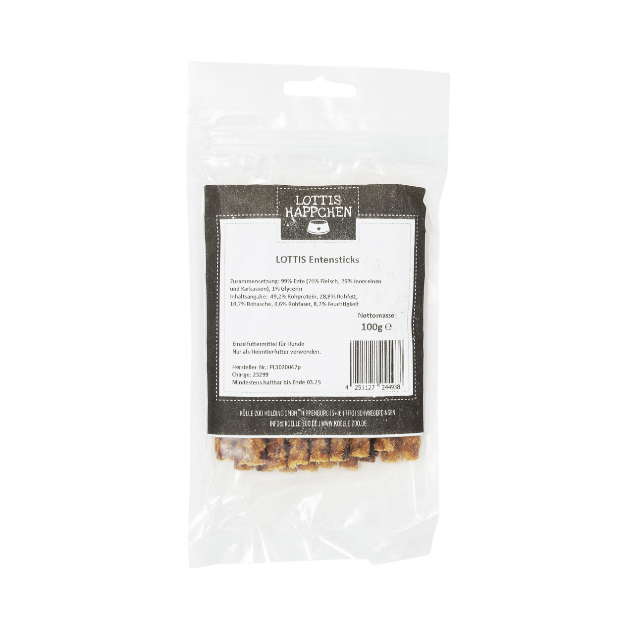 LOTTIS HÄPPCHEN Entensticks, Einzelfuttermittel f. Hunde, 99 % Ente (70 % Fleisch, 29 % Innereien), 100 g.