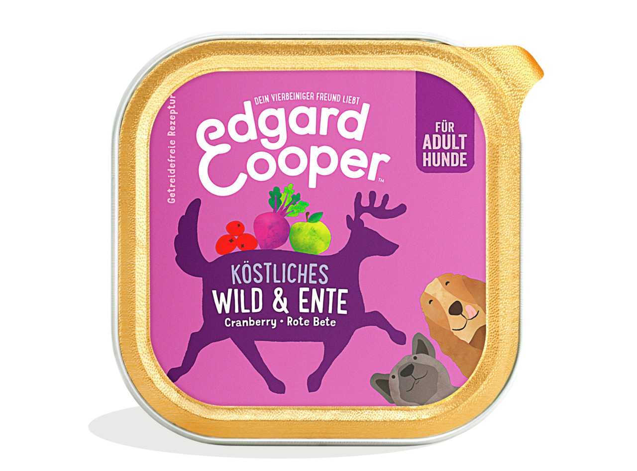 Edgard & Cooper Hundefutter Wild & Ente, getreidefrei, Cranberry & Rote Bete, für ausgewachsene Hunde, lilafarbene Verpackung.