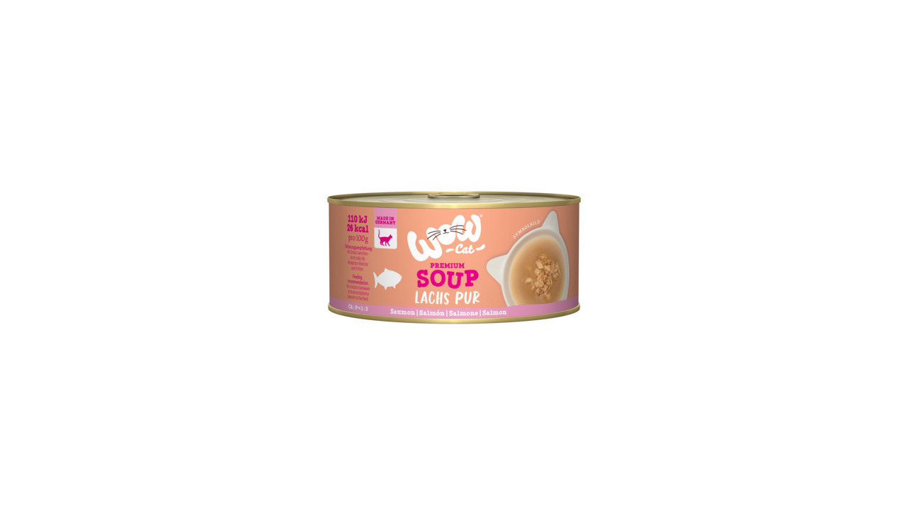 WOW CAT Premium Soup Lachs Pur für Katzen, Geschmack: Lachs, 110 kJ/26 kcal pro 100 g, rosa Design mit Abbildung der Suppe.