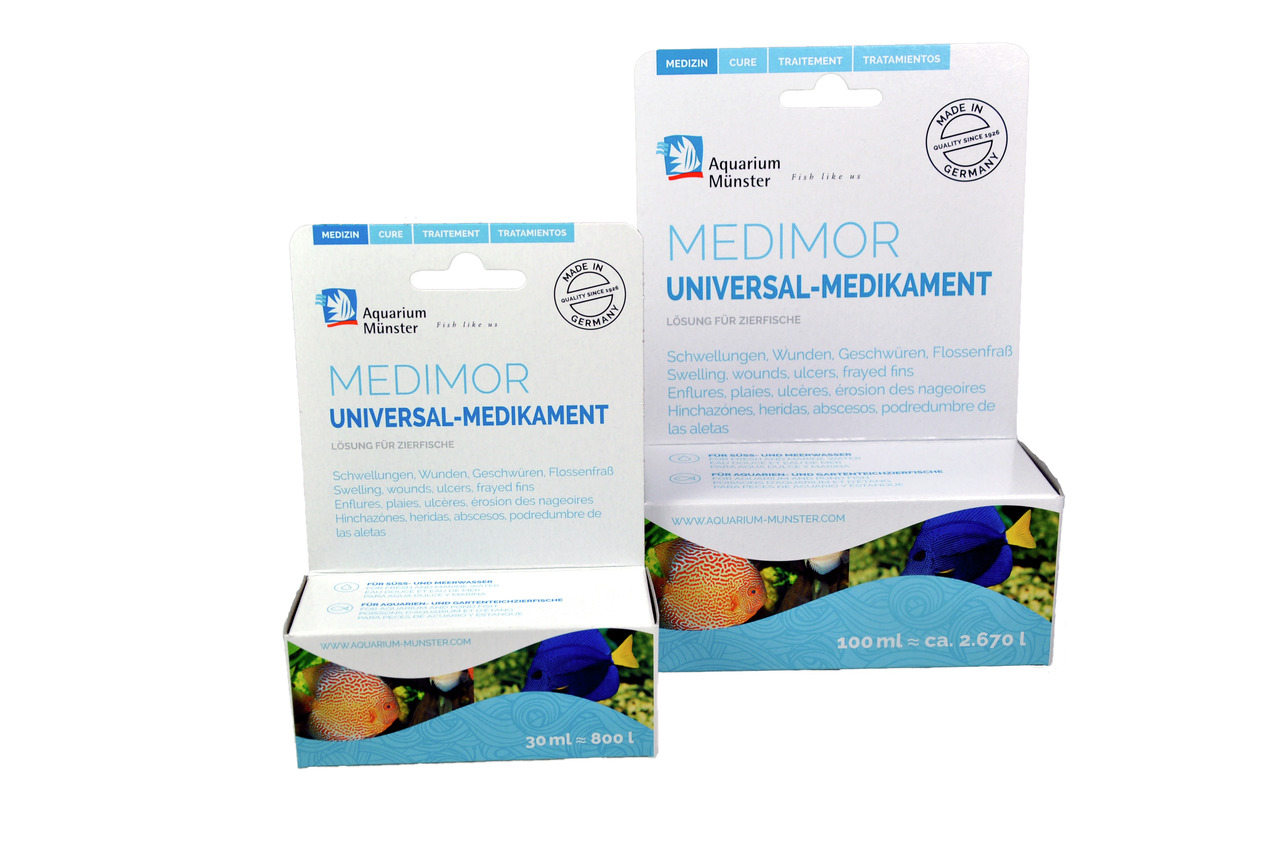 Aquarium Münster Medimor Universal-Medikament, Heilmittel für Zierfische (Schwellungen, Wunden, Geschwüre, Flossenfäule), 30 ml/800 l, 100 ml/2.670 l