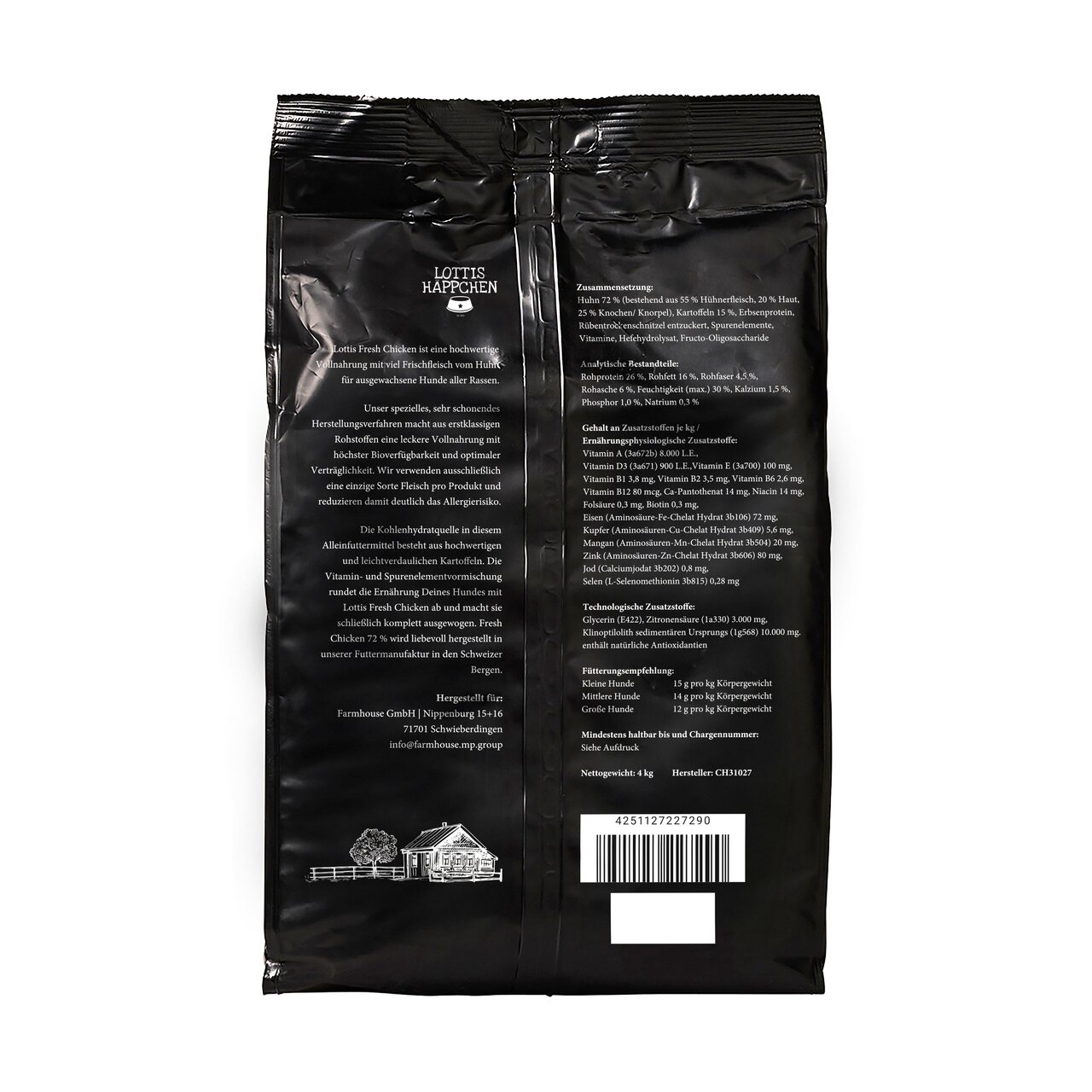 Rückseite von Lottis Häppchen Hundefutter, Fresh Chicken, für ausgewachsene Hunde, 4 kg Packung, detaillierte Inhaltsangaben.