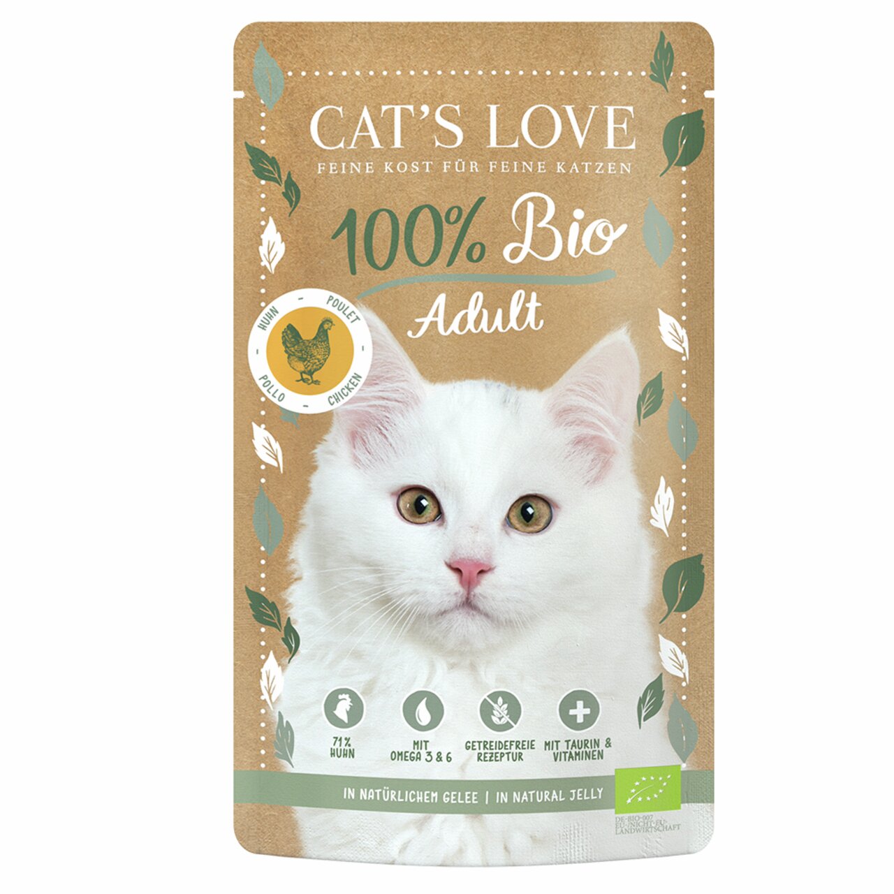 Cat's Love 100% Bio Adult, Huhn, für ausgewachsene Katzen, getreidefrei, mit Taurin, Vitaminen & Omega-3, 85 g.