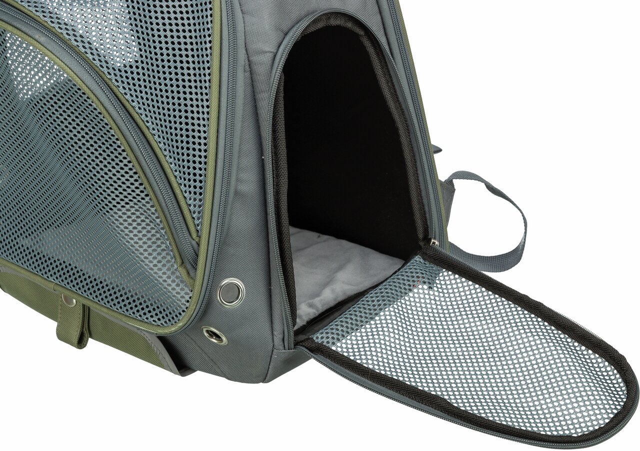 Tragetasche für Haustiere von TRIXIE, ideal für Katzen und kleine Hunde, mit Netzfenstern, grau-grün, für sicheren Transport.