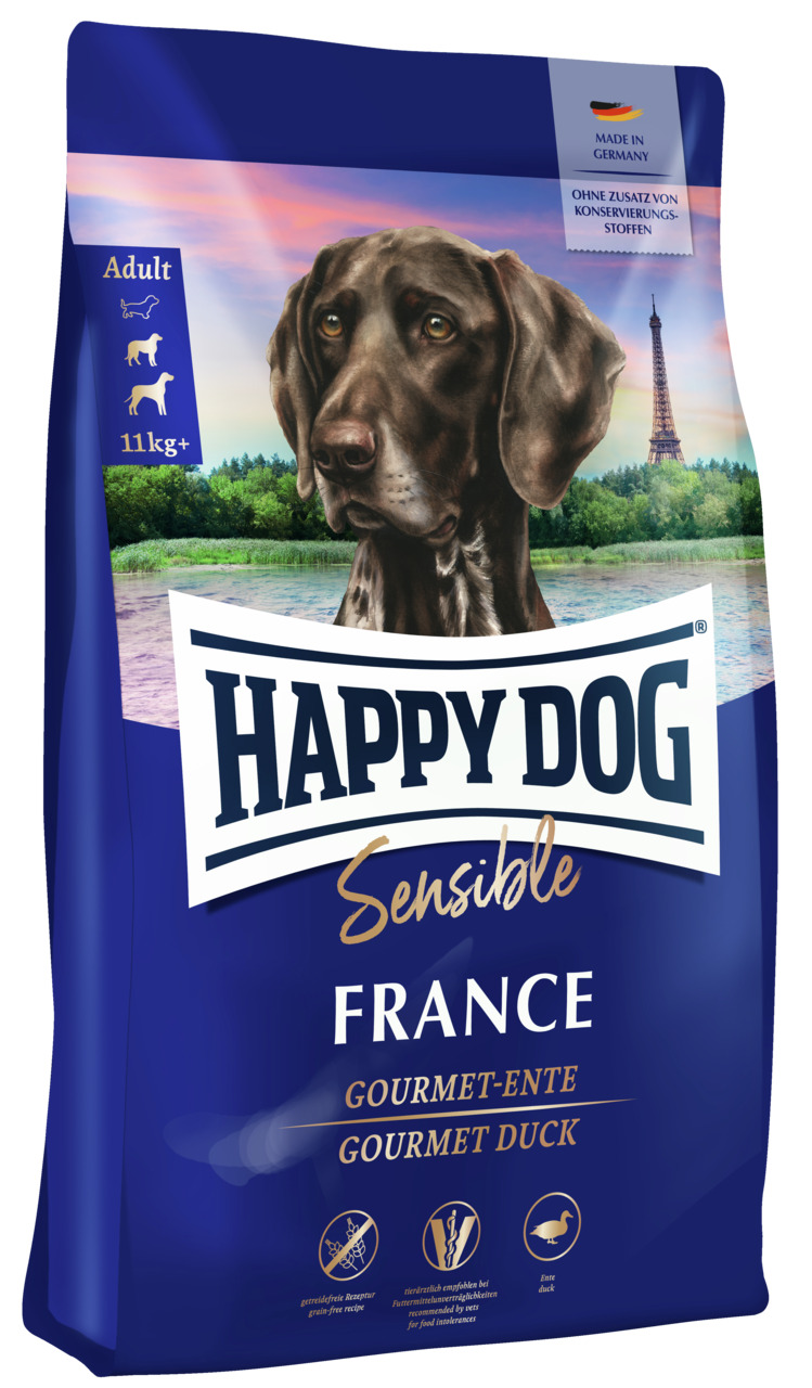 HAPPY DOG Sensible France, 11 kg, für ausgewachsene Hunde, Gourmet-Ente, getreidefrei, leicht verdaulich, ohne Konservierungsstoffe.