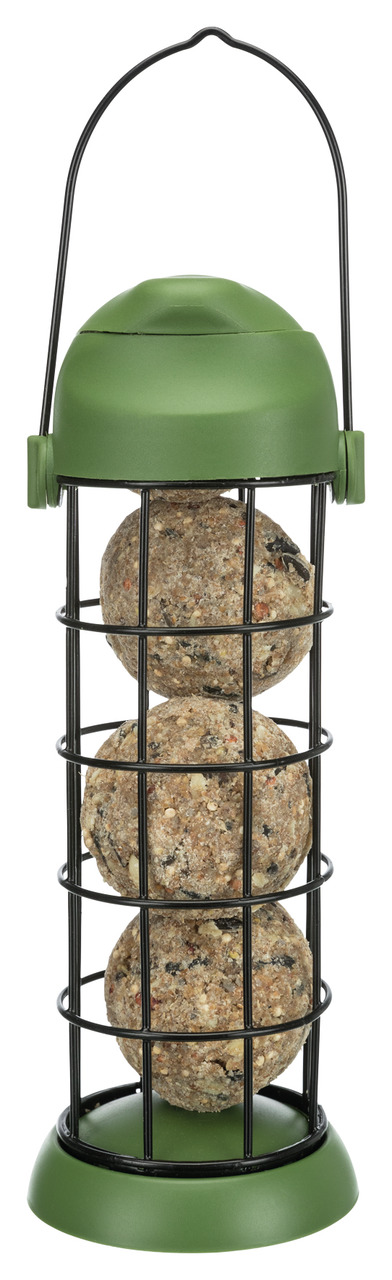 Grüner Meisenknödelhalter der Marke TRIXIE, geeignet für Wildvögel. Enthält drei Meisenknödel, ideal zur Fütterung im Garten oder auf dem Balkon. Robustes Metallgitter mit grünem Deckel und Boden. Praktischer Tragegriff für einfaches Aufhängen. EAN: 40119