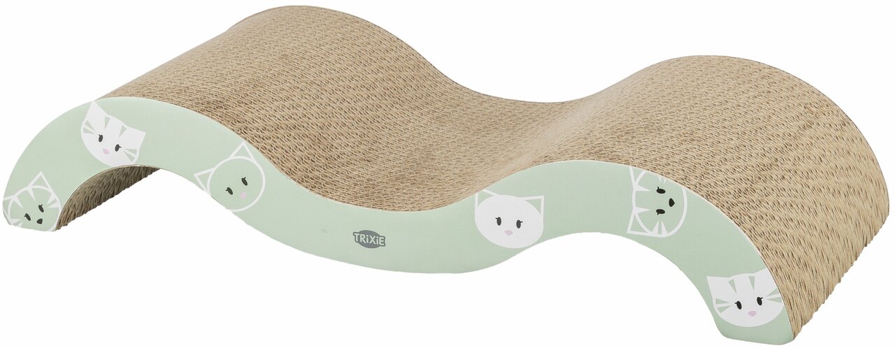 TRIXIE Kratzliege für Katzen, wellenförmig, Krallenpflege & Ruheplatz, robust aus Wellkarton, grünes Design mit Katzenmotiv.