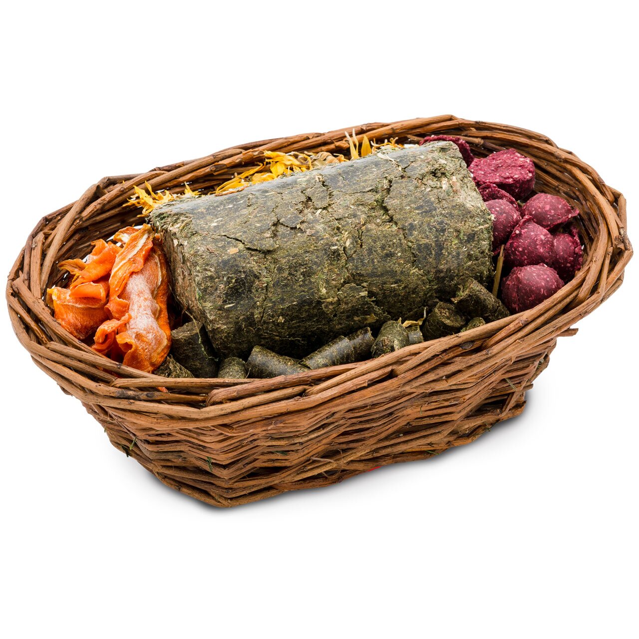 Geflochtener Korb mit JR FARM Nager-Snack-Mix, 600 g. Für Nagetiere, mit Gemüse und Kräutern. Fördert gesundes Knabbern.
