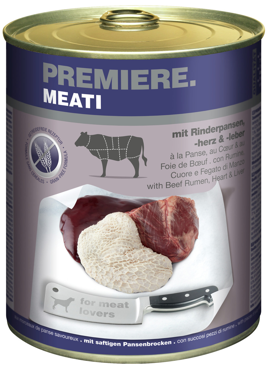 Das Bild zeigt eine Dose Hundefutter der Marke PREMIERE mit dem Produktnamen "MEATI". Es handelt sich um ein getreidefreies Nassfutter für Hunde, das Rinderpansen, -herz und -leber enthält. Die Geschmacksrichtung ist Rind. Auf der Vorderseite sind saftige