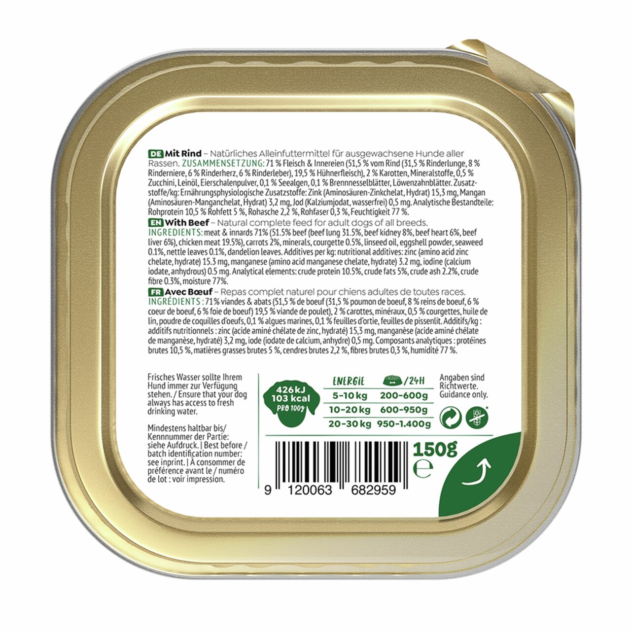 WOW DOG Hundefutter mit Rind, für ausgewachsene Hunde, 150 g. Natürliche Zutaten, hoher Fleischanteil, Alleinfuttermittel.