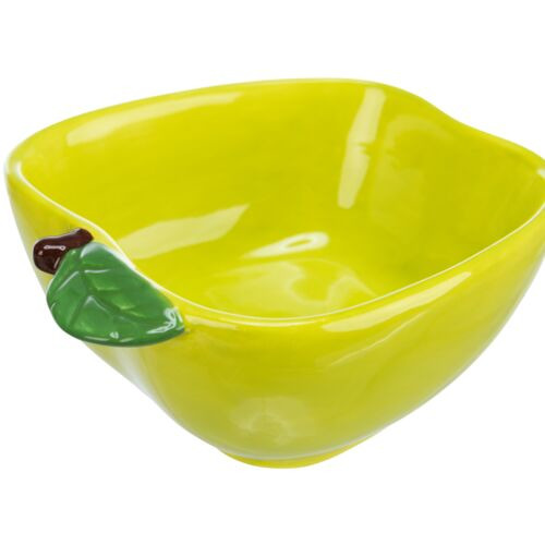 Gelbe Keramikschale in Form eines Apfels von TRIXIE, ideal für Haustiere wie Katzen oder kleine Hunde. Die Schale ist mit einem grünen Blattdetail verziert und eignet sich perfekt für Futter oder Wasser. Sie ist robust, leicht zu reinigen und ein dekorati