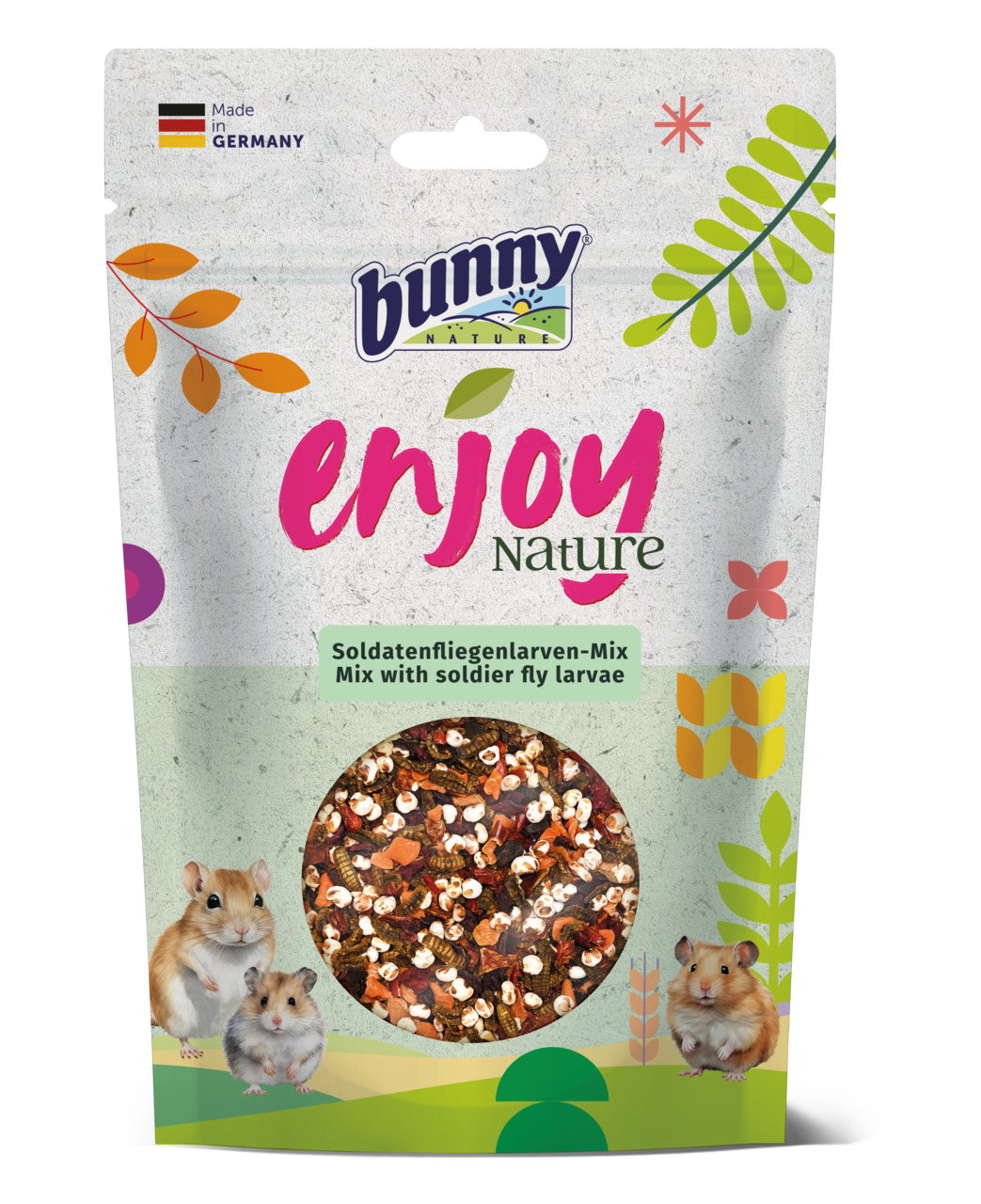 Das Bild zeigt eine Verpackung des Produkts „Bunny Nature Enjoy Nature Soldatenfliegenlarven-Mix“. Es handelt sich um ein Futter für Kleintiere wie Hamster und Mäuse. Die Verpackung enthält 35 g eines natürlichen Snacks mit Soldatenfliegenlarven. Die Mark